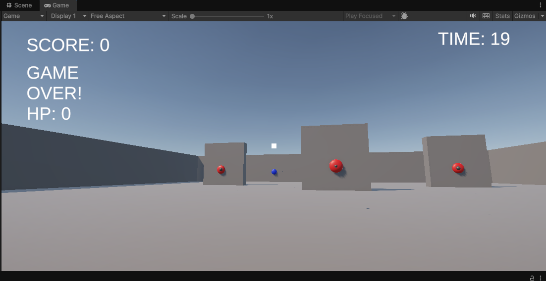 HPが0になりGAME OVERと表示されたUnityの3D的当てゲーム
