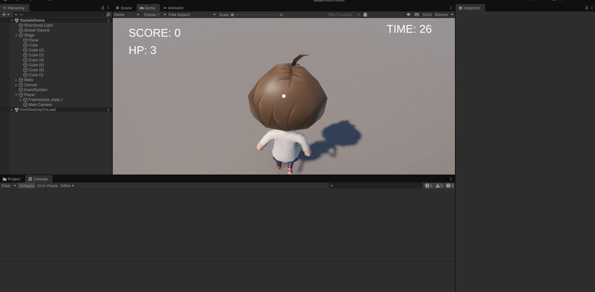 WASDの移動に合わせてプレイヤーモデルが歩くUnityのゲーム画面